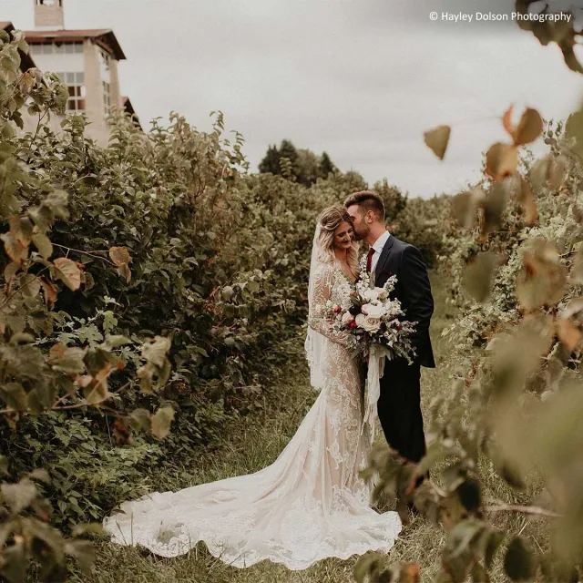 Bride and groom standing among a picturesque vineyard wedding scene.