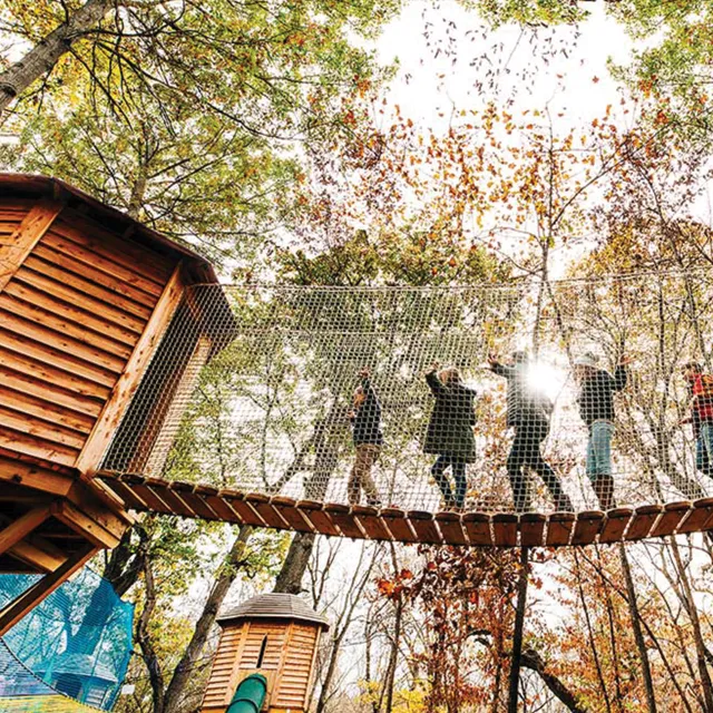 Family walking in tree village