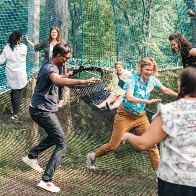 A group of people joyfully playing on a large net trampoline surrounded by lush greenery, capturing a lively moment of fun.