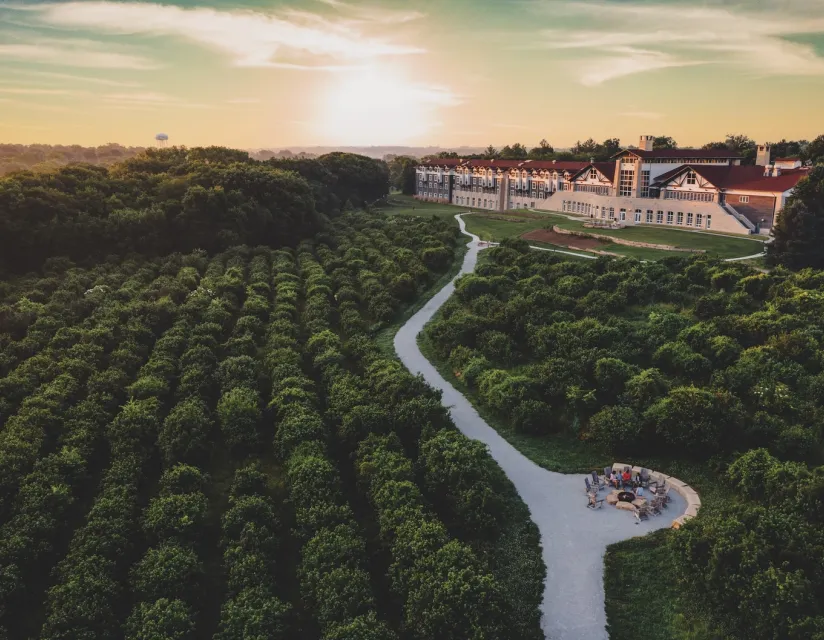 Aerial view of a lush orchard at sunset, featuring a winding path and a cozy gathering area beside a modern building.