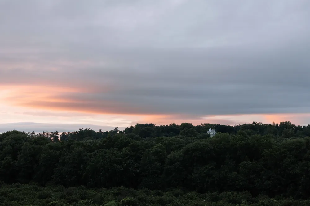 A tranquil landscape features a white house peeking through lush green trees under a cloudy sky with hints of orange sunset glow.