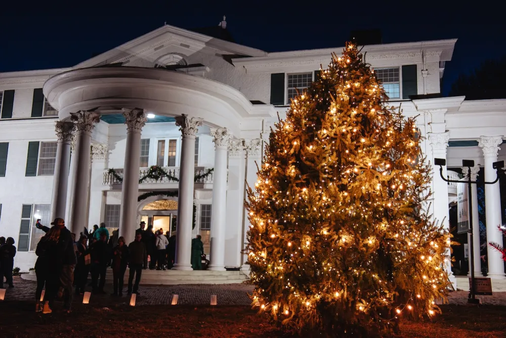 A lit Christmas tree stands in front of a grand, illuminated mansion as visitors gather at night, celebrating the festive season.